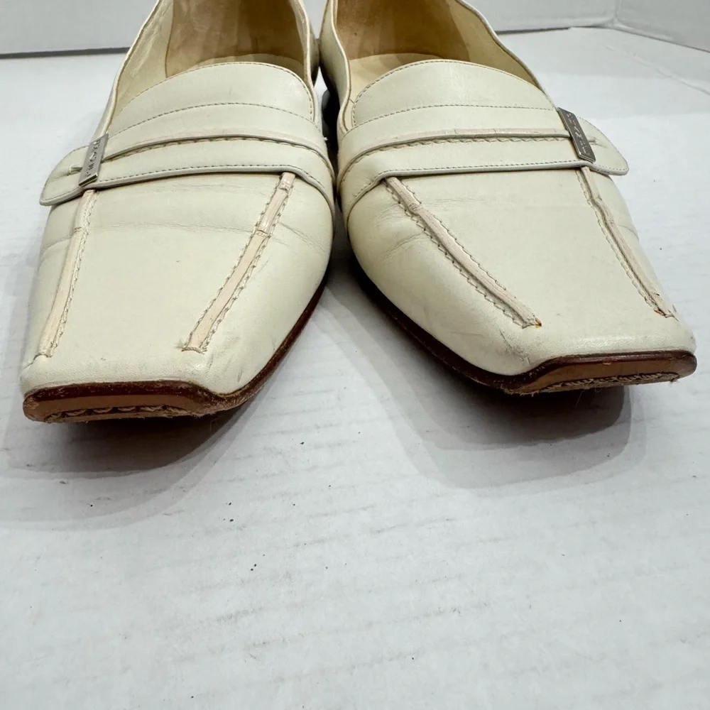 CHANEL Sz 37.5 Off White Calfskin Square Toe Slip on LOAFERS Low Heel Italy LUX